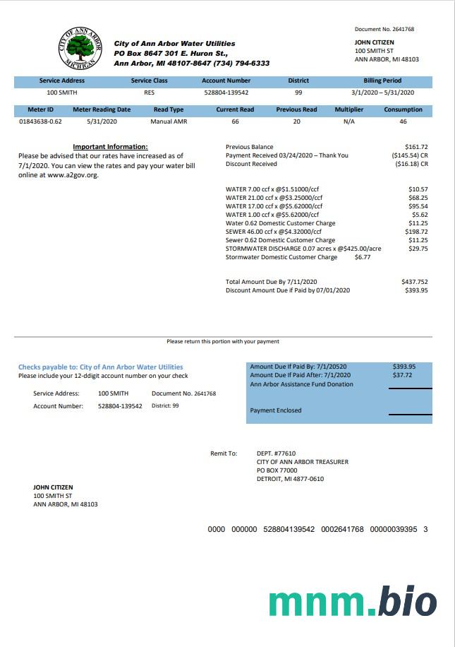 USA Michigan City of Ann Arbor Water Utilities bill szablon w formacie Word i PDF